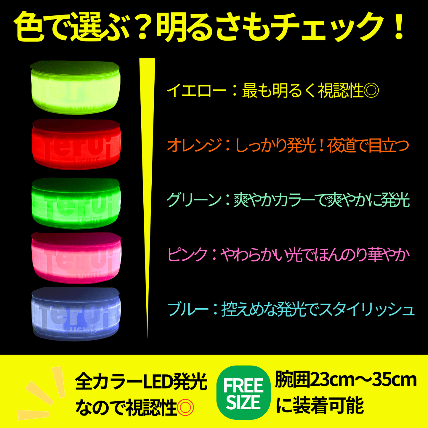 LED反射板付光るアームバンド 1本入り 腕 足首 コイン電池 電池交換可 フリーサイズ 23cm~35cm 全5色 ランニング 夜 ライト