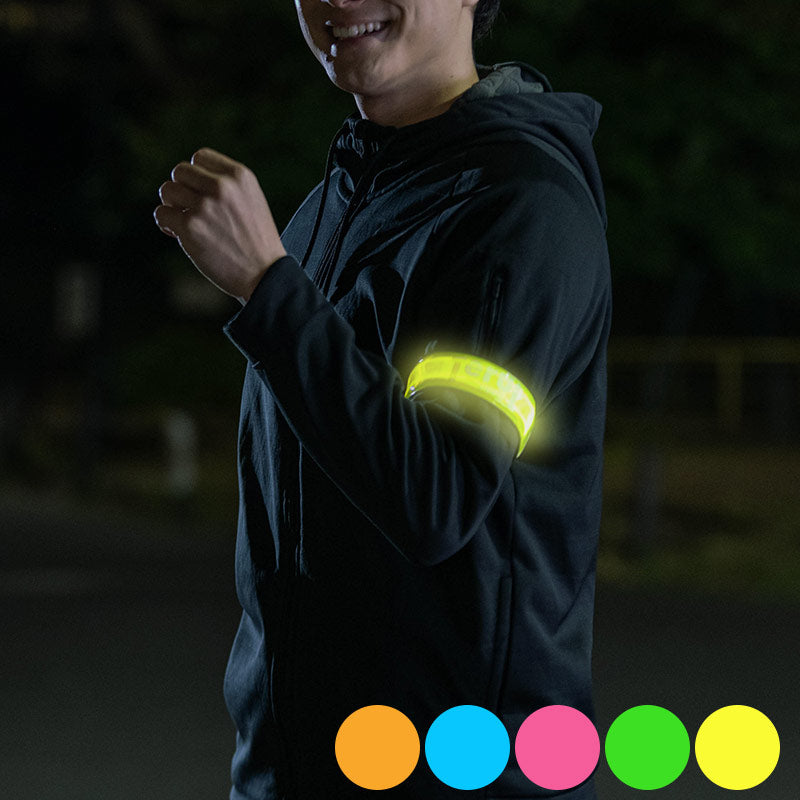 LED反射板付光るアームバンド 2本入り 腕 足首 コイン電池 電池交換可 フリーサイズ 23cm~35cm 全5色 ランニング 夜 ライト