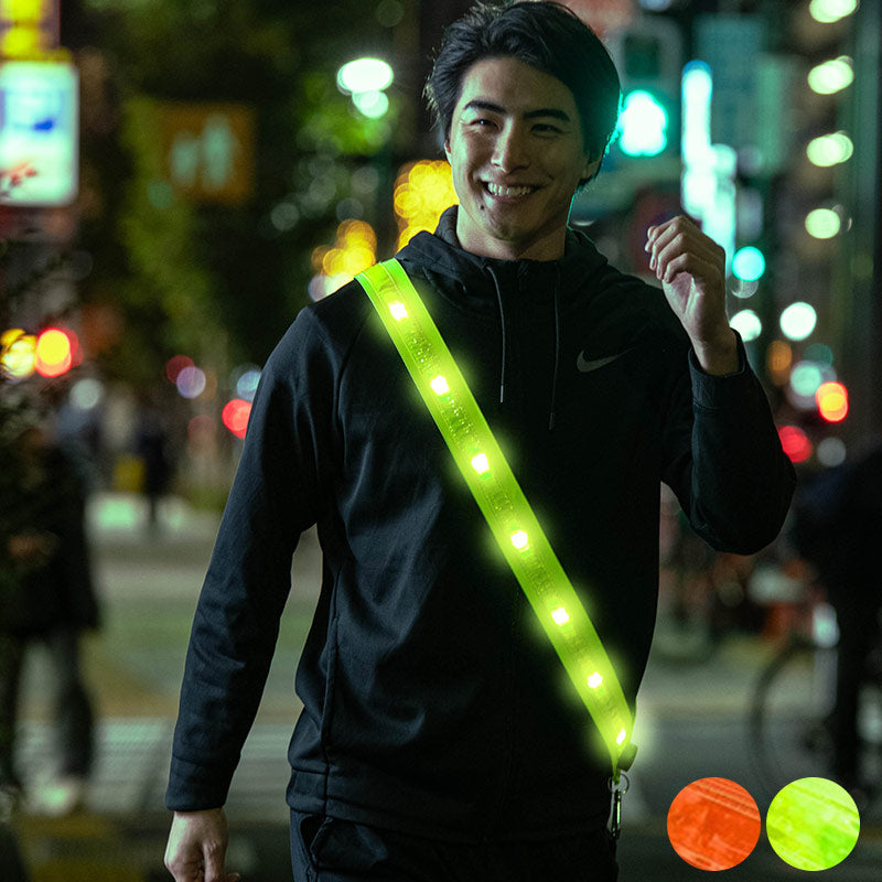 LED充電式光る反射タスキ USB充電池 前後で発光 視認性最大 3サイズ 全2色 ランニング ライト