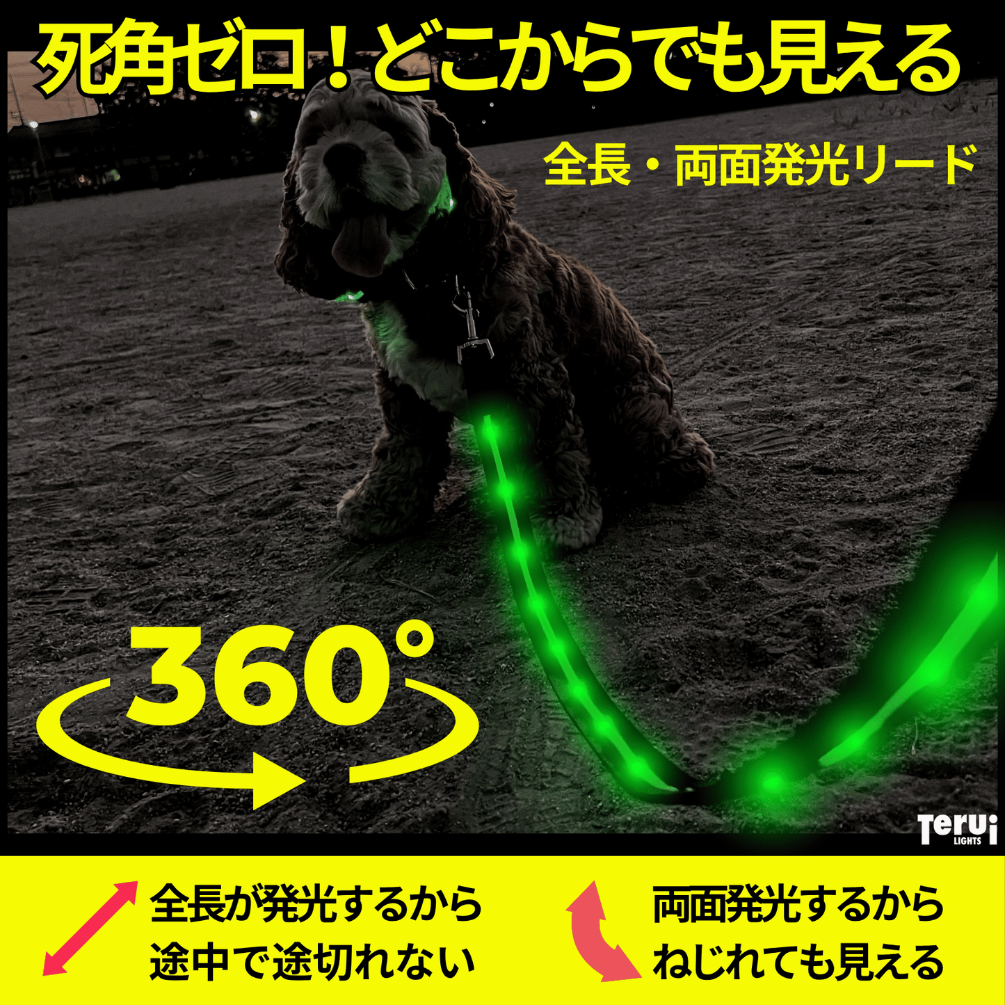 【新モデル】犬 リード led 光る 充電式 ライト ドッグリード 1.2m 小型犬 中型犬 大型犬 送料無料 メール便 即日発送 ペット用品 全長全面ライト付き 夜間 安全対策  TERUI Lights