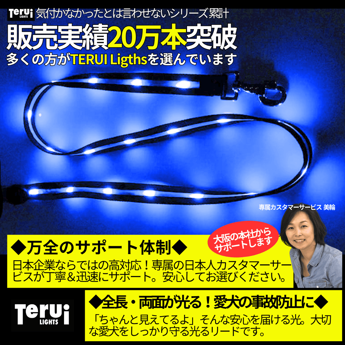【新モデル】犬 リード led 光る 充電式 ライト ドッグリード 1.2m 小型犬 中型犬 大型犬 送料無料 メール便 即日発送 ペット用品 全長全面ライト付き 夜間 安全対策  TERUI Lights